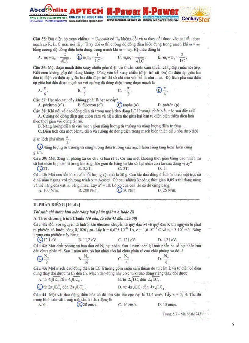 image for page Đề đáp án ĐH môn Lí khối A 2009