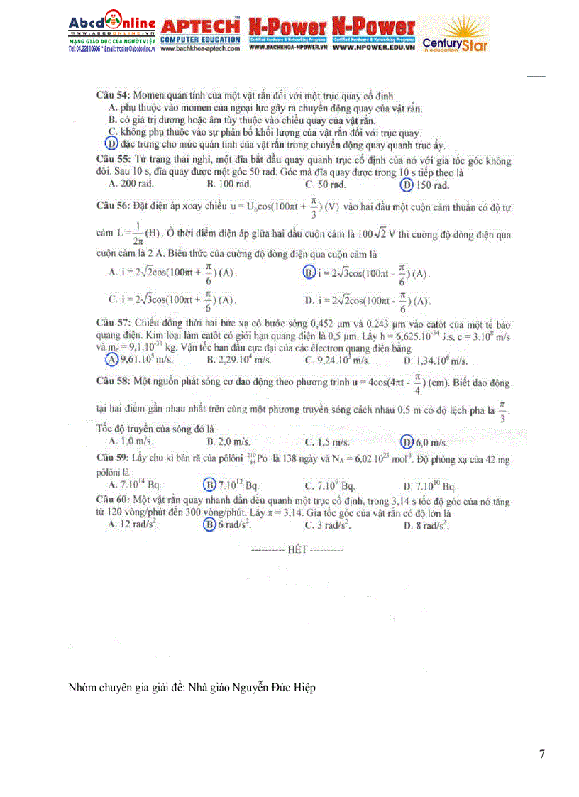 image for page Đề đáp án ĐH môn Lí khối A 2009