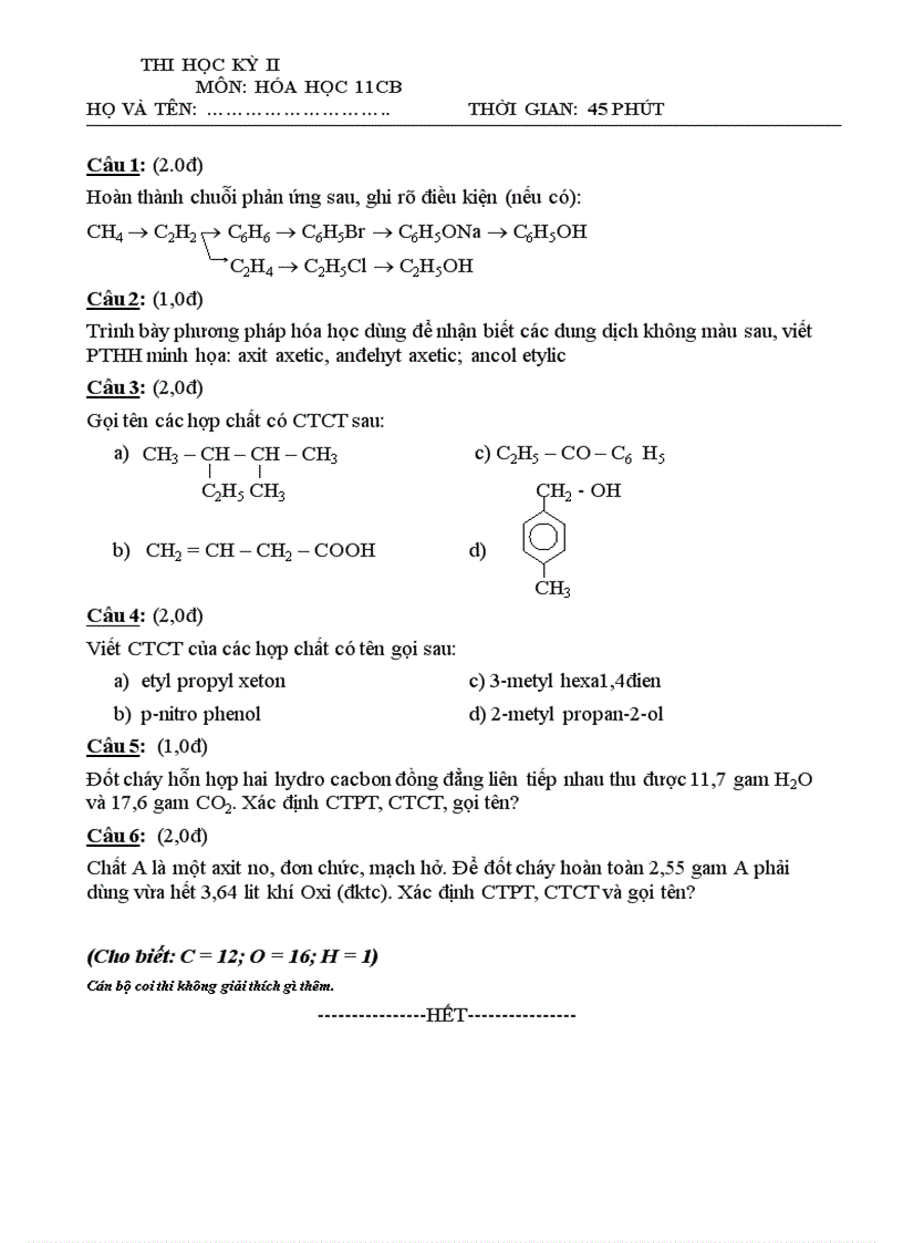 image for page Đề Hóa 11 KT HK II số 7