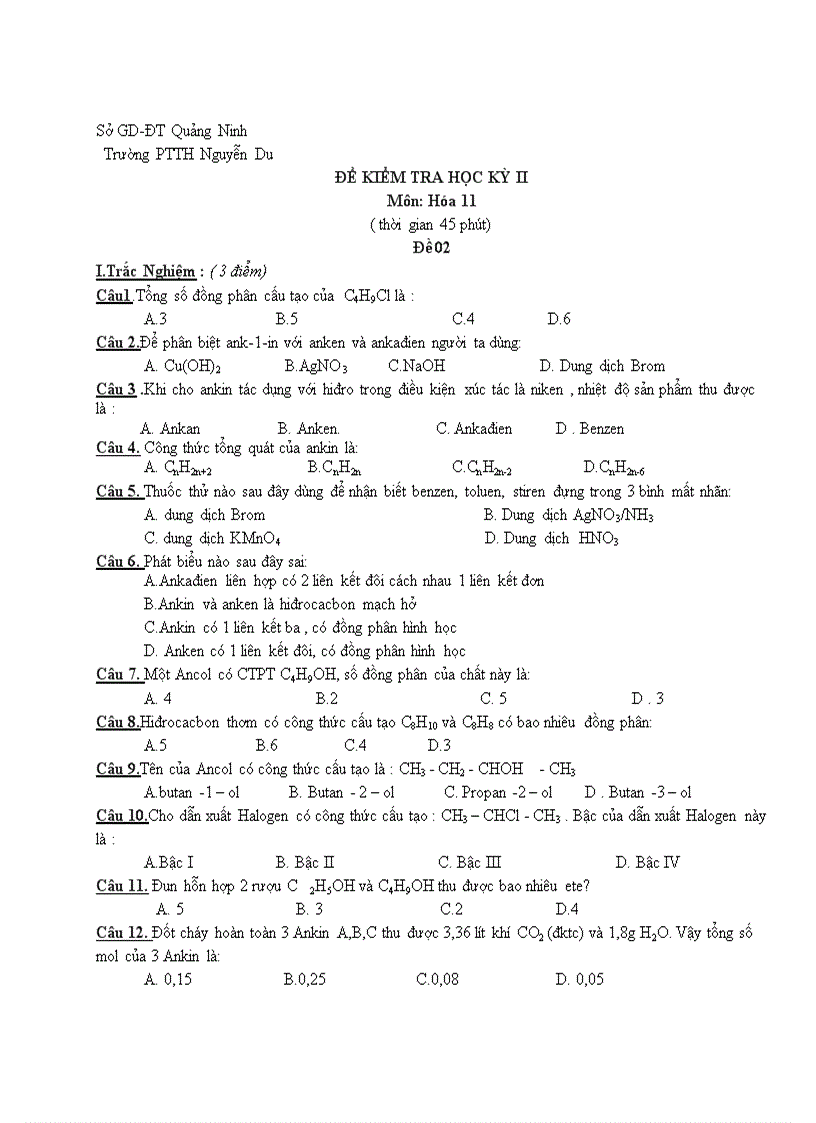 image for page Đề Kiểm tra HK II Hóa 11 CB kèm đáp án