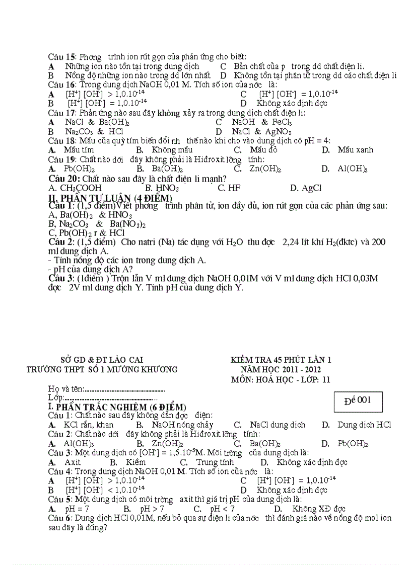 image for page Ma trận và đề kiểm tra lần 1 hóa 11