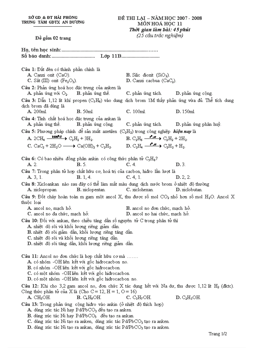 Thi lại năm học 2007 2008 Khối 11 TTGDTX An Dương
