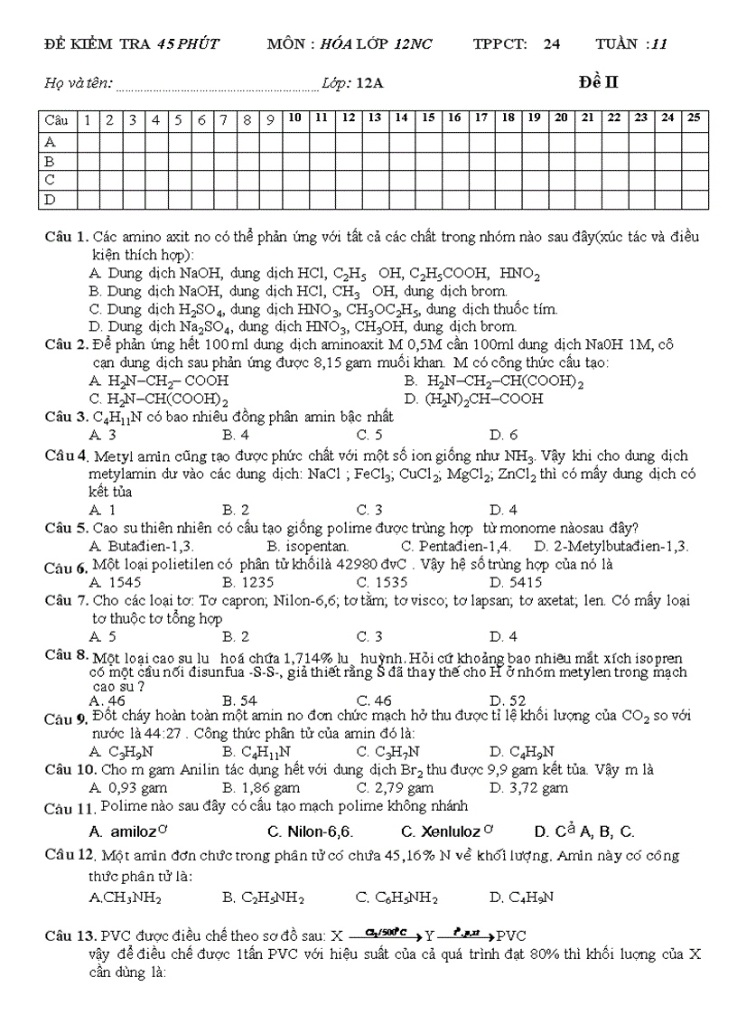 image for page Bài kiểm tra Amin polime 12NC
