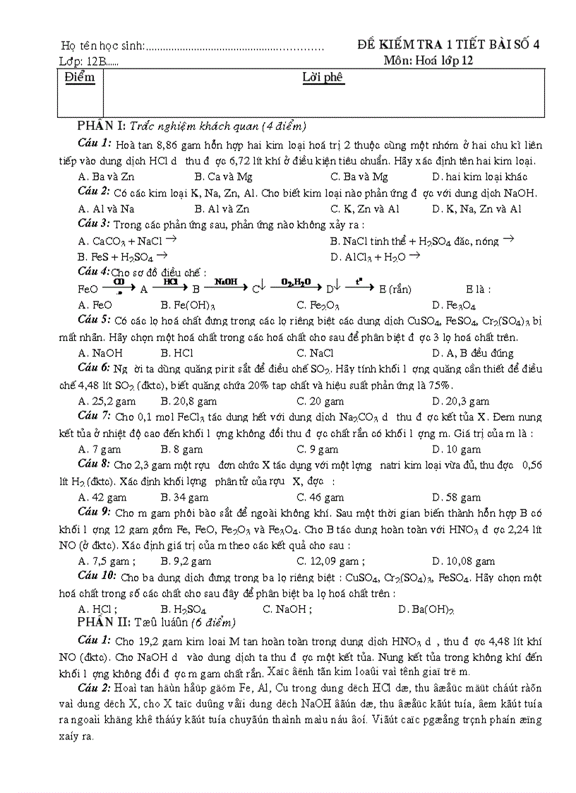 image for page Bai kiem tra so 4 lop 12 hoa
