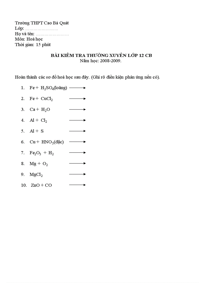 Bài KT 15 Phút Lần 1 HK II Lớp 11CB Đề 2