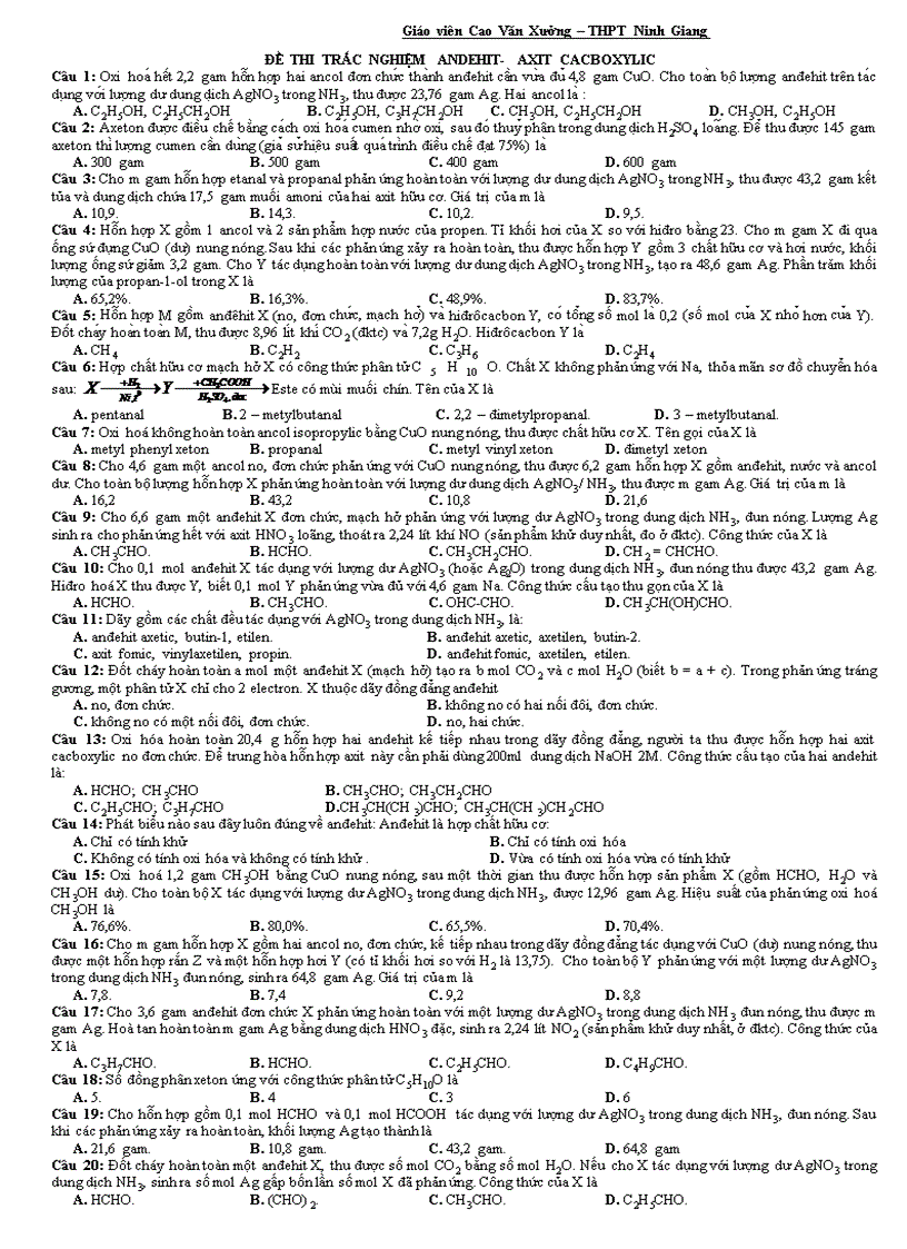 image for page Bài tập andehit và ãit cacboxylic hay