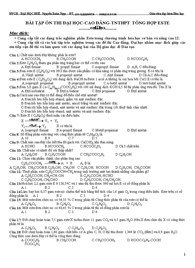 image for page Bài tập ôn thi đại học cao đẳng tnthpt tổng hợp este