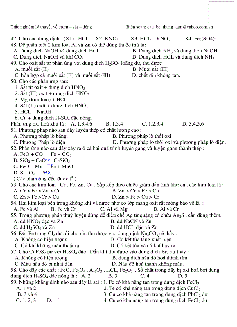 image for page Bài tập trắc nghiệm hóa học về Fe và Cu