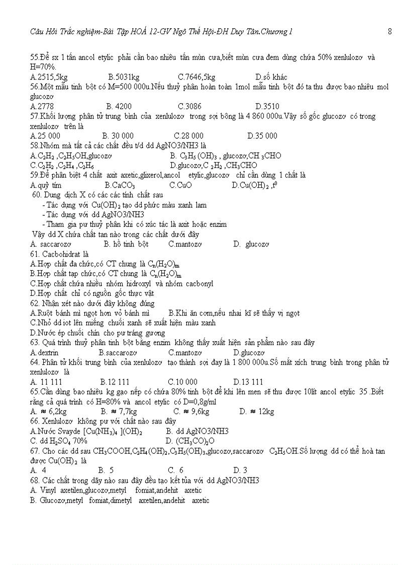image for page Bai tap tu luan va cau hoi trac nghiem chuong Cacbohidrat