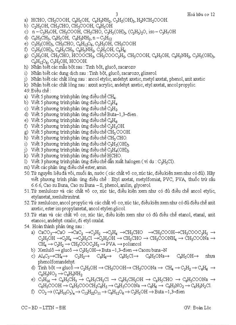 Các câu hỏi lý thuyết ôn tập hóa hữu cơ 12