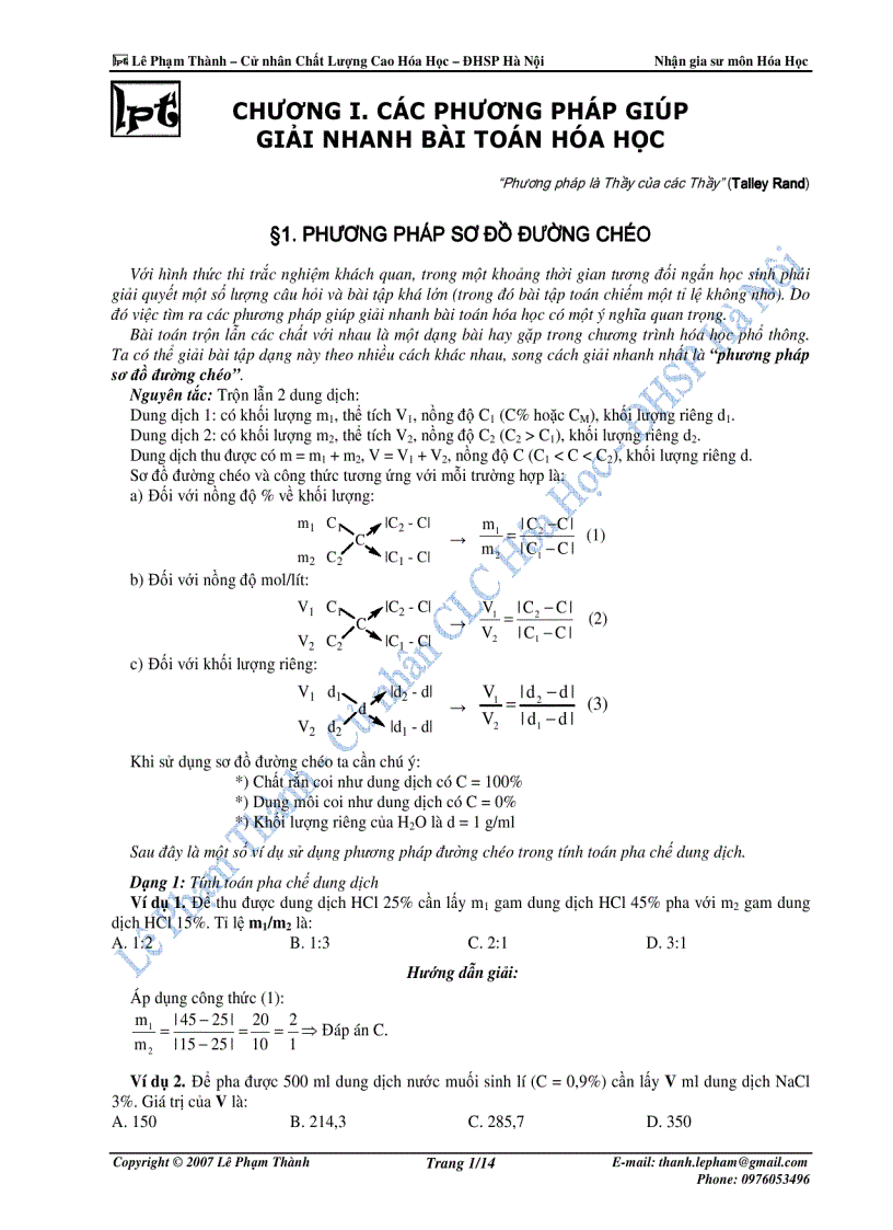 Các PP giải nhanh bài toán Hóa học