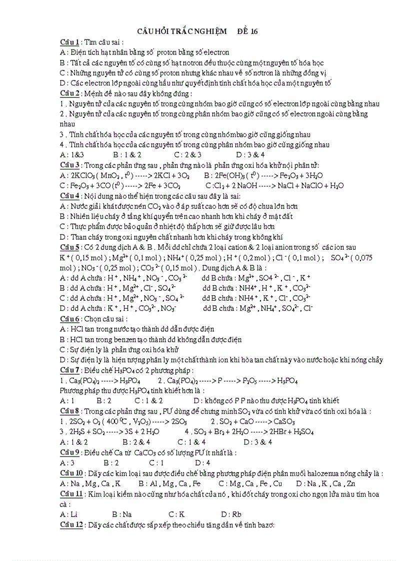 image for page Câu Hỏi Trắc Nghiệm Luyện Thi Đại Học Đề 16