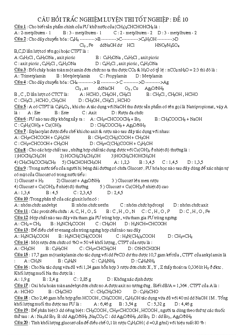 image for page Câu Hỏi Trắc Nghiệm Luyện Thi Tốt Nghiệp ĐÊ 10