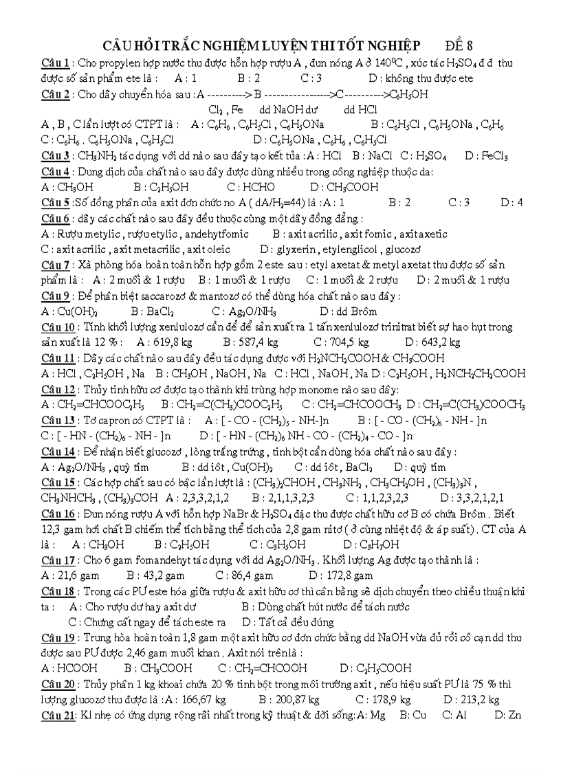 image for page Câu Hỏi Trắc Nghiệm Luyện Thi Tốt Nghiệp ĐÊ 8