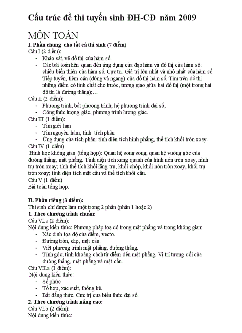 image for page Cấu trúc đề thi đại học 2009