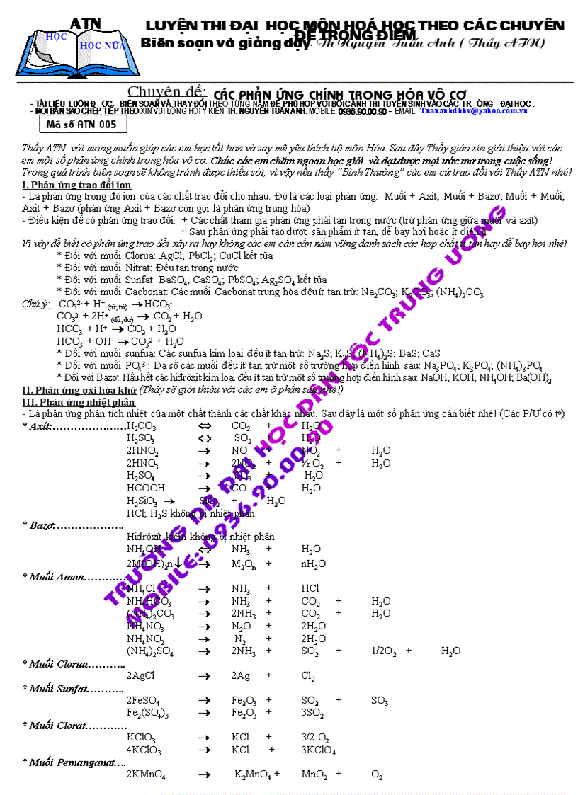Chuyên đề ôn thi đh các phản ứng chính trong hóa vô cơ