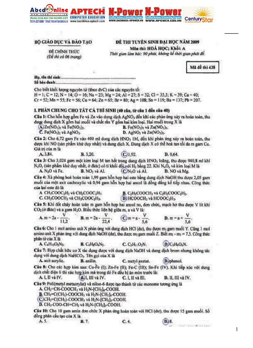 image for page Đề đáp án môn Hóa khối A 2009