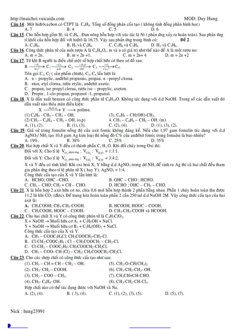 Đề hay Đại học Hóa số 2
