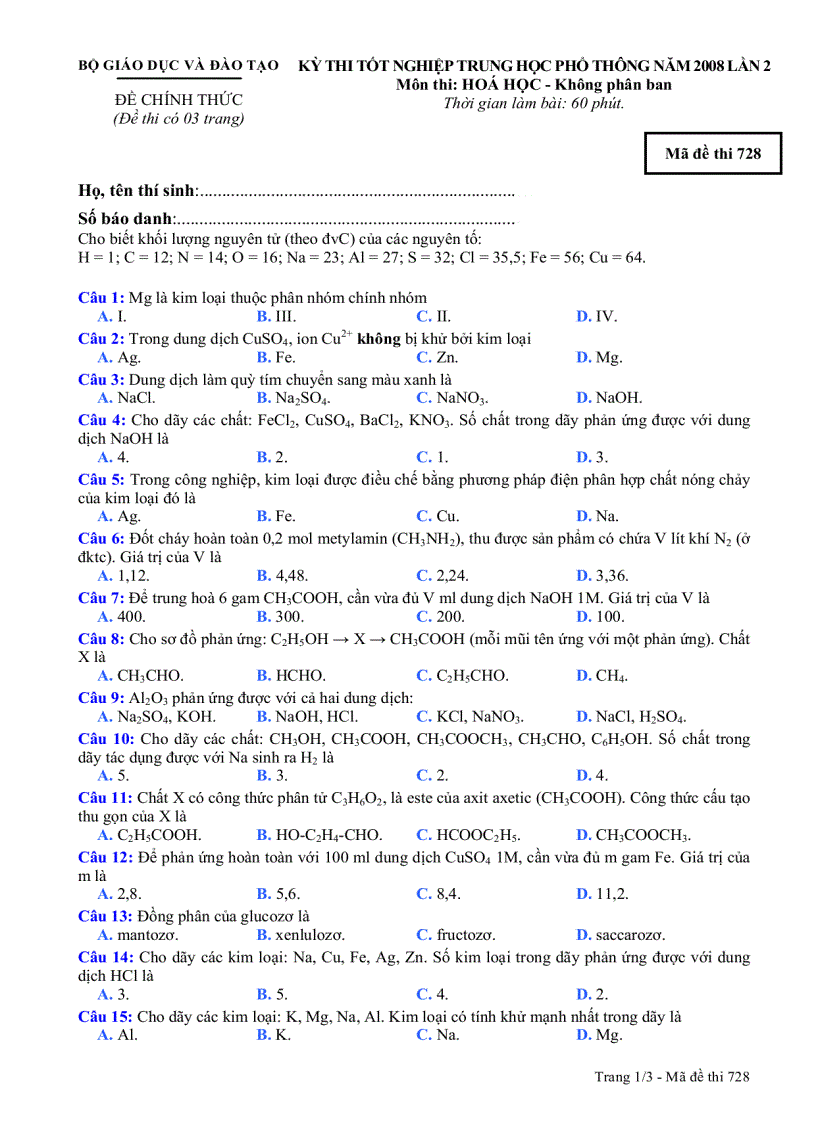 Đề Hóa TN kpb 728