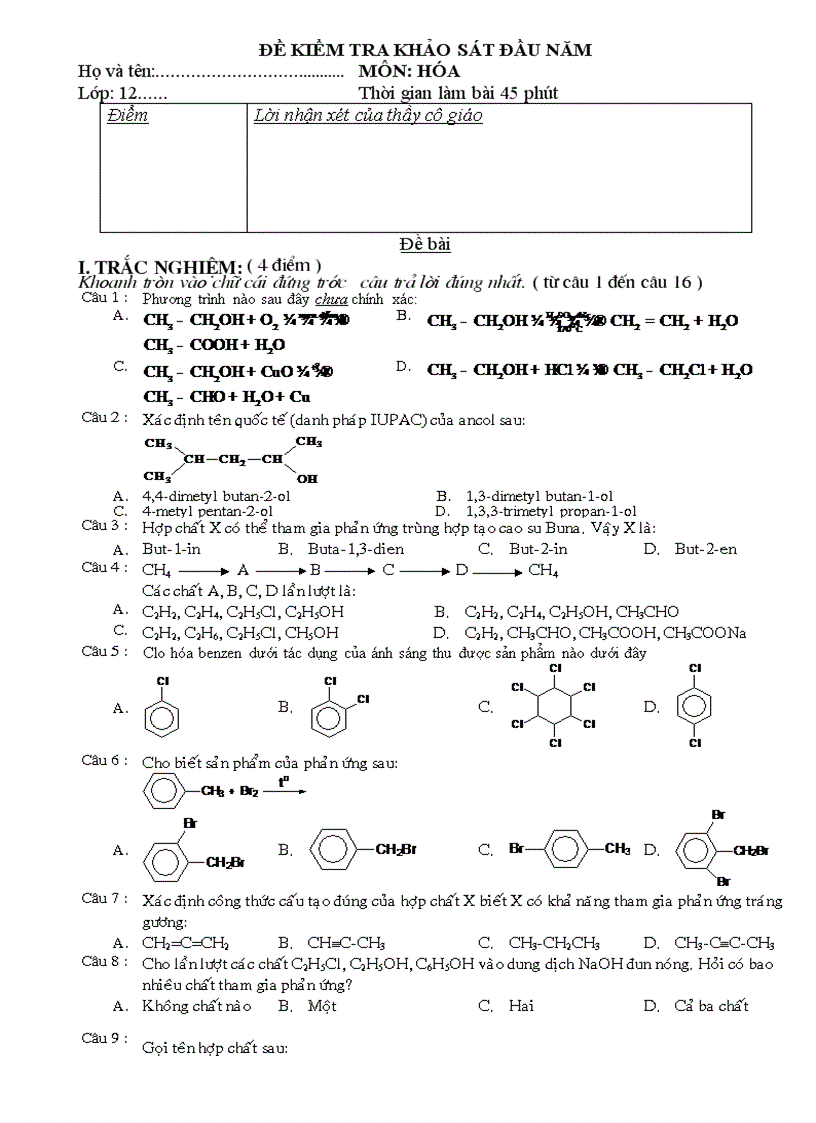 Đề khảo sát đầu năm hóa 12