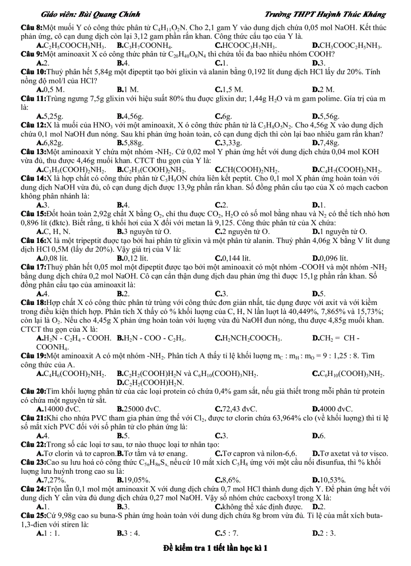 image for page Đề kiểm tra 1 tiết lần 2 học kì 1