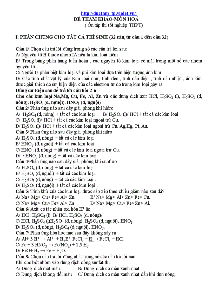 image for page Đề ôn thi Hóa TN 2010 số 15