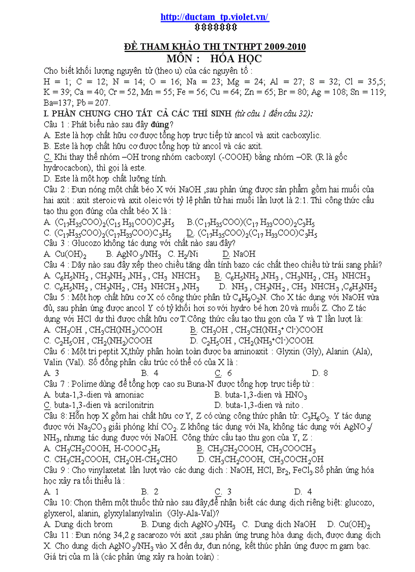 image for page Đề ôn thi Hóa TN 2010 số 18