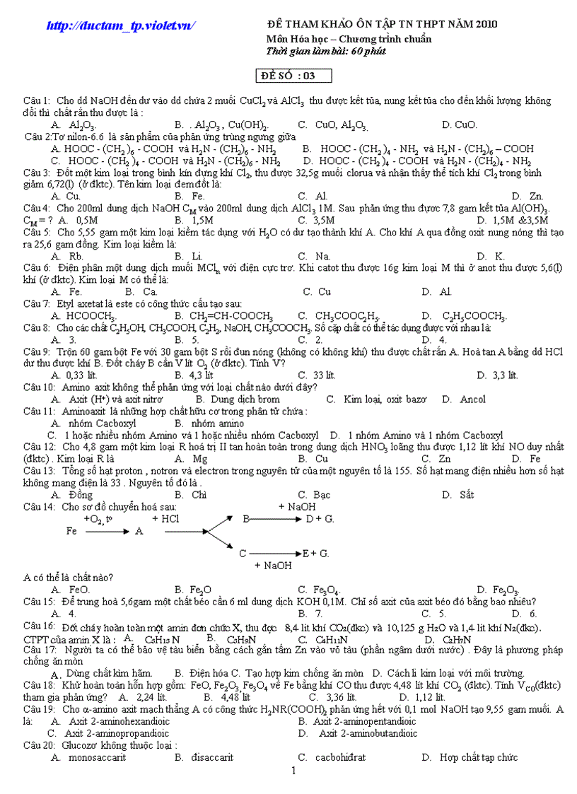 image for page Đề ôn thi Hóa TN 2010 số 3