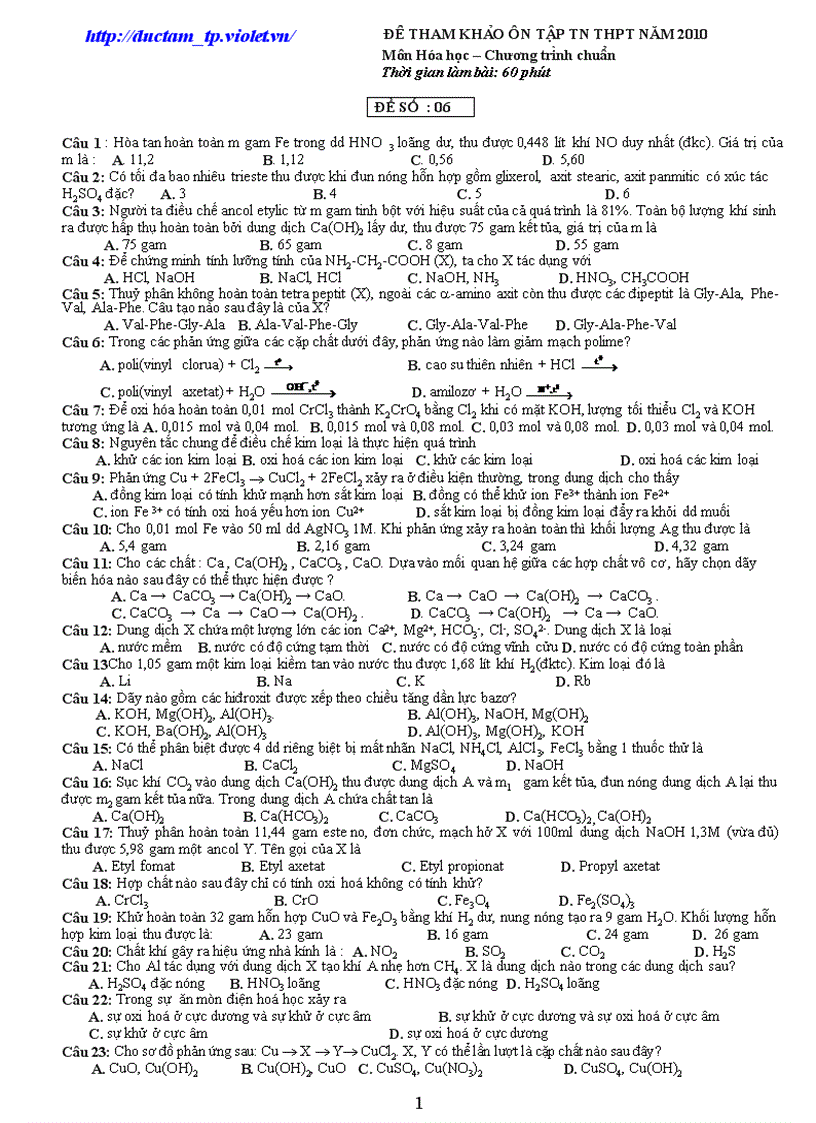 image for page Đề ôn thi Hóa TN 2010 số 6