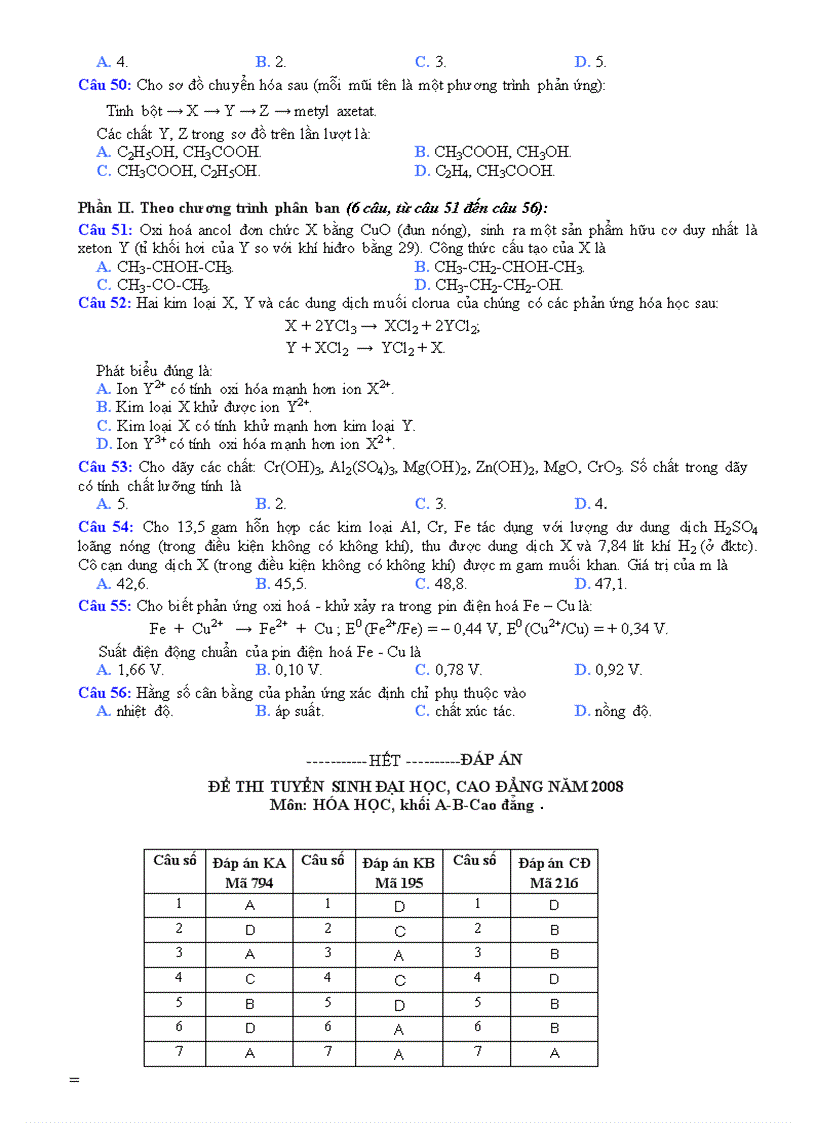 image for page Đề thi Đại học Hóa khối A B Cao đẳng 2007 và 2008 đáp án