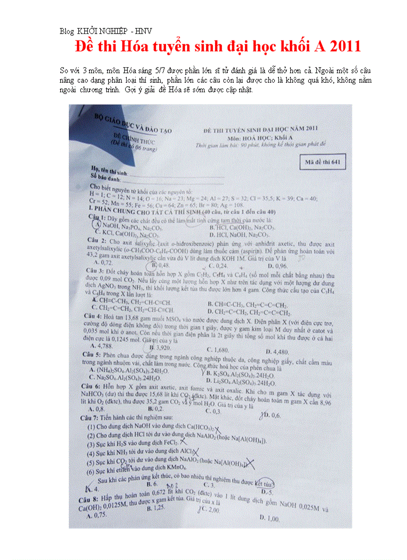 image for page Đề thi đh môn hóa khối a 2011