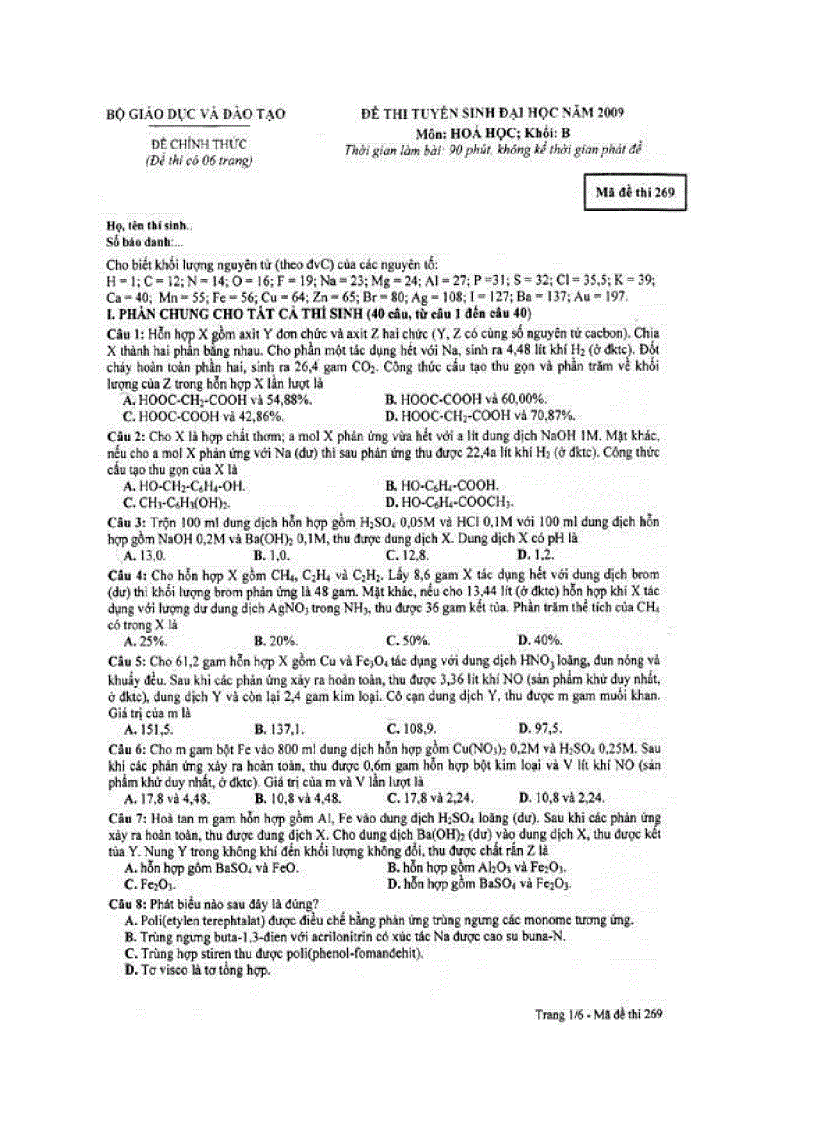 image for page ĐỀ THI HÓA KHỐI B 2009 m269