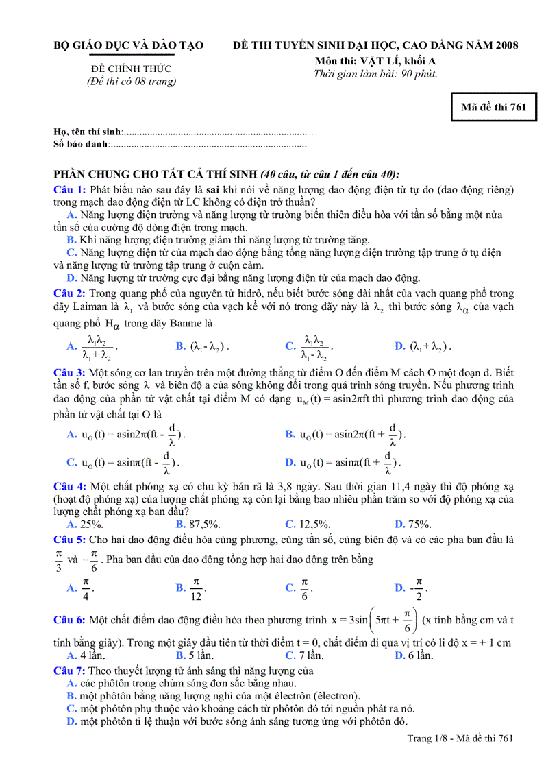 image for page Đề thi môn vật lí khối A 2008