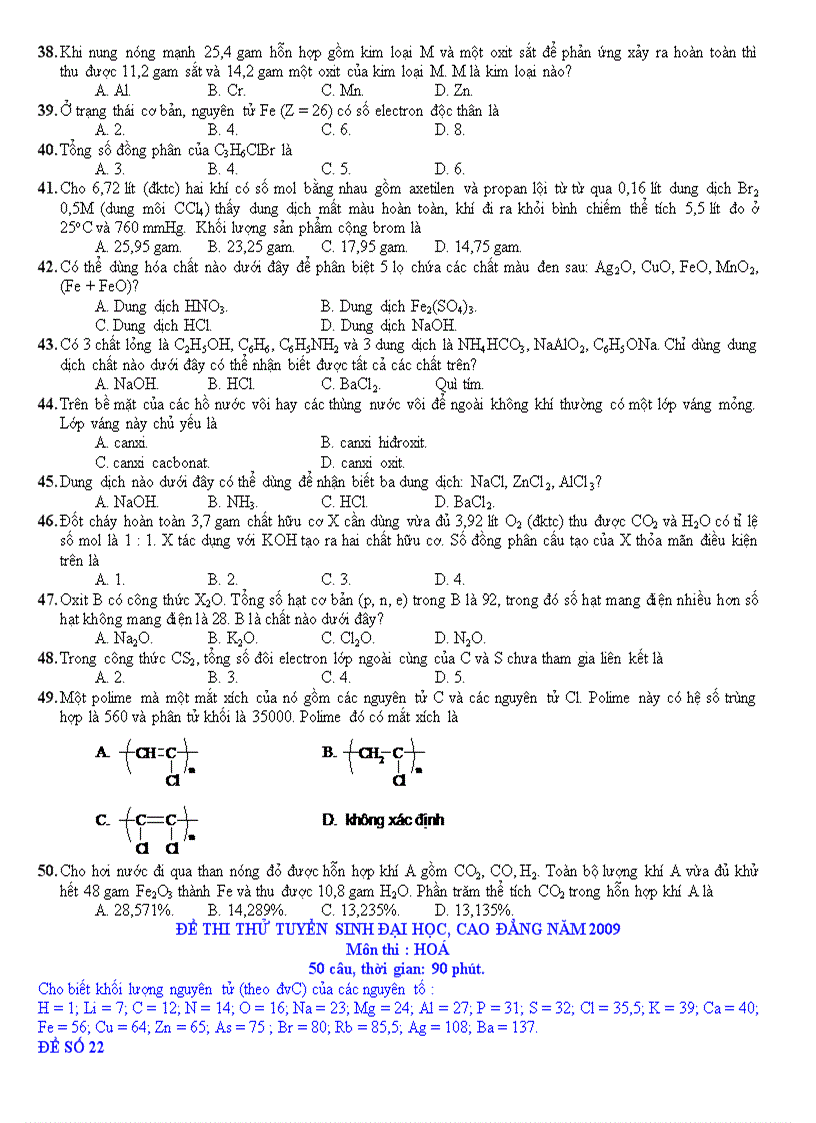 ĐỀ thi thư đại học của một số trường thpt 2009 môn hóa học
