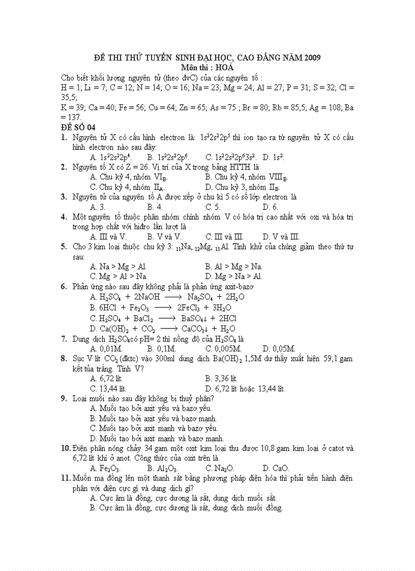 image for page Đề thi thử đh 2009 mã 04 đáp án