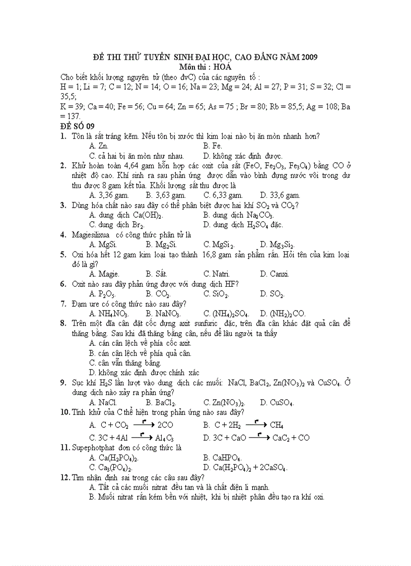image for page Đề thi thử đh 2009 mã 09 đáp án