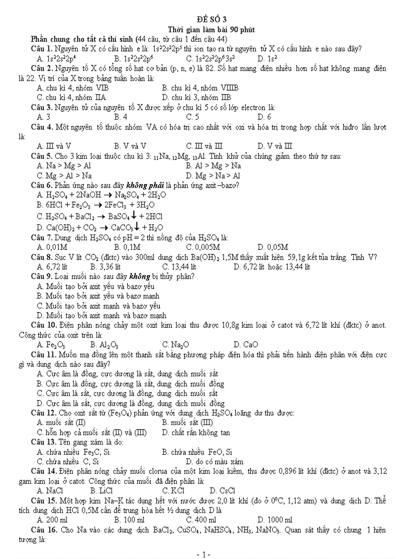 Đề trắc nghiệm hóa 90 số 3