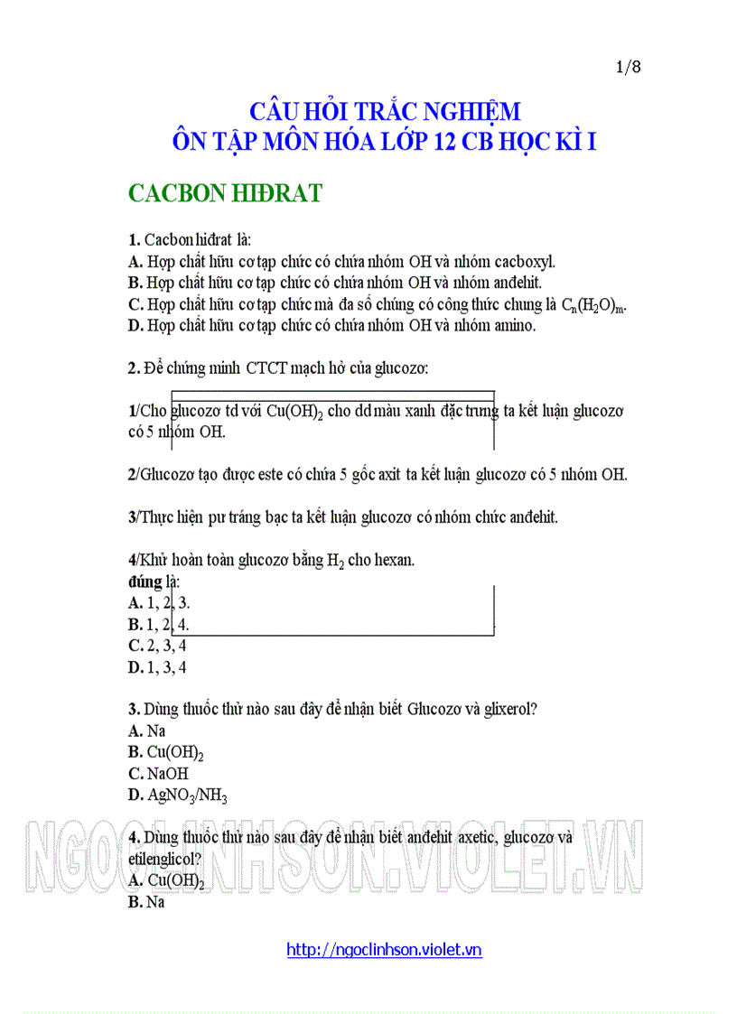 image for page H12 Cacbon Hidrat Câu hỏi trắc nghiệm ôn tập thi kiểm tra Hóa học 12 Học kỳ I
