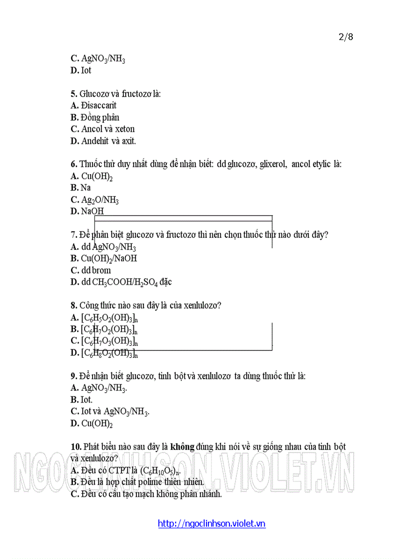 image for page H12 Cacbon Hidrat Câu hỏi trắc nghiệm ôn tập thi kiểm tra Hóa học 12 Học kỳ I