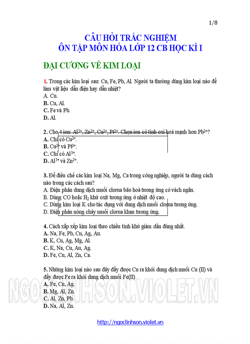 image for page H12 Đại cương về kim loại Câu hỏi trắc nghiệm ôn tập thi kiểm tra Hóa học 12 Học kỳ I