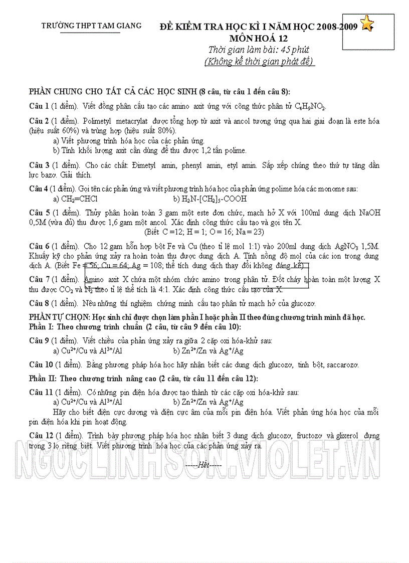 image for page H12 Đề đáp án kiểm tra học kỳ I Hóa học 12