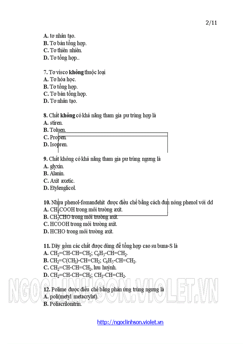 image for page H12 Polime Câu hỏi trắc nghiệm ôn tập thi kiểm tra Hóa học 12 Học kỳ I