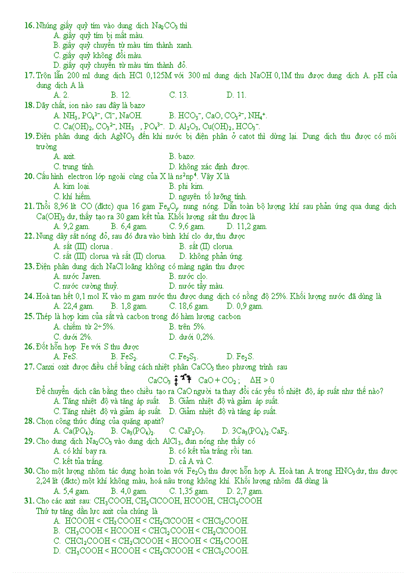 Hóa thi thử TN ĐH số 16