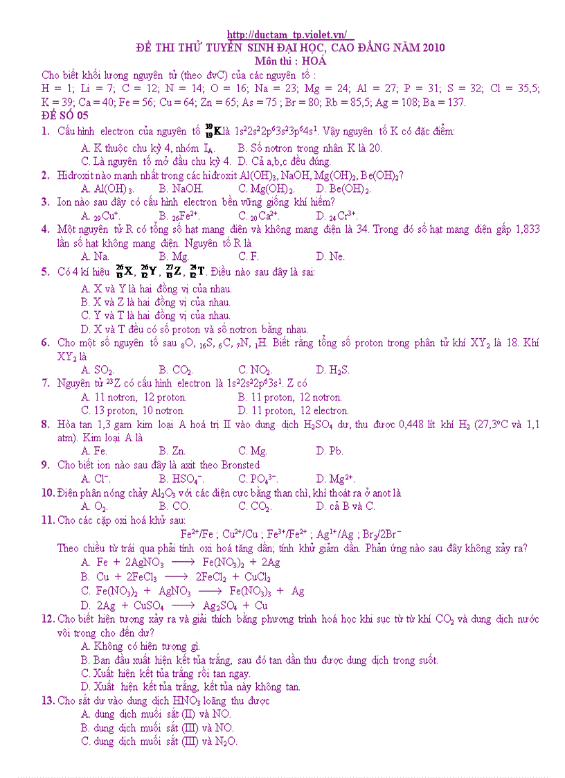 image for page Hóa thi thử TN ĐH số 4
