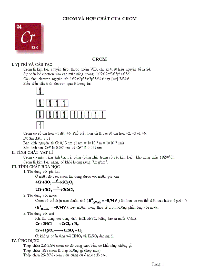 Lý thuyết và bài tập crôm và hợp chất của crôm