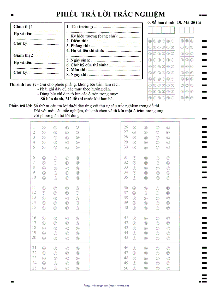 image for page Phiếu trắc nghiệm đại học