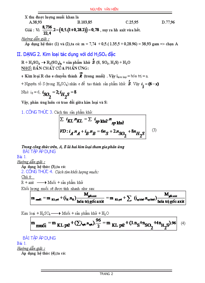 Phương pháp dùng công thức giải nhanh toán hoá