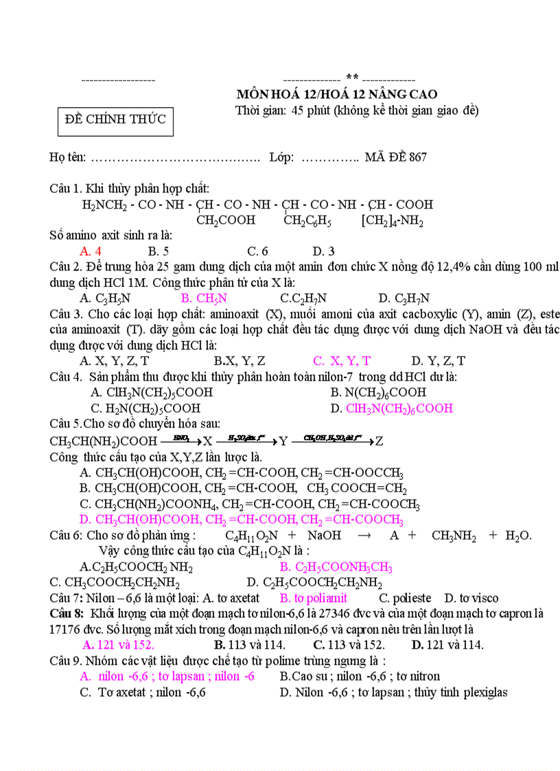 Tổng hợp bộ đề thi hóa học 12