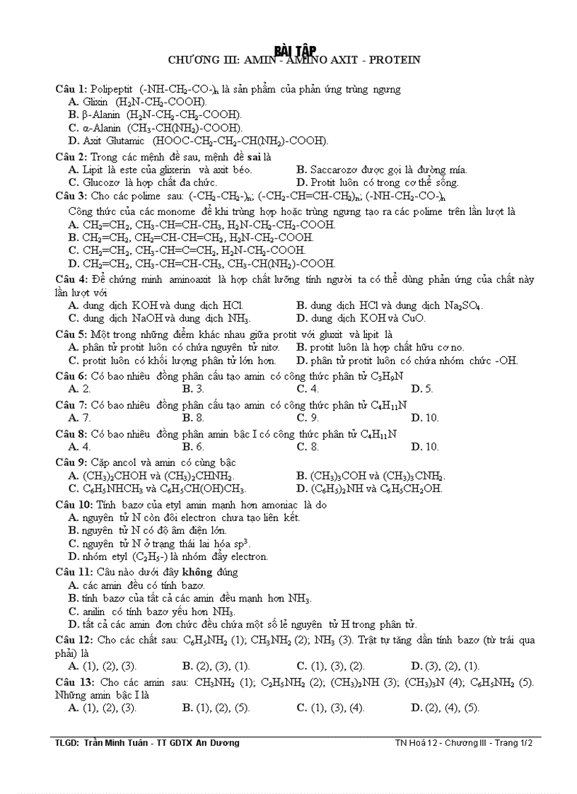 image for page Trắc nghiệm chương III Amin Amino Axit Protein