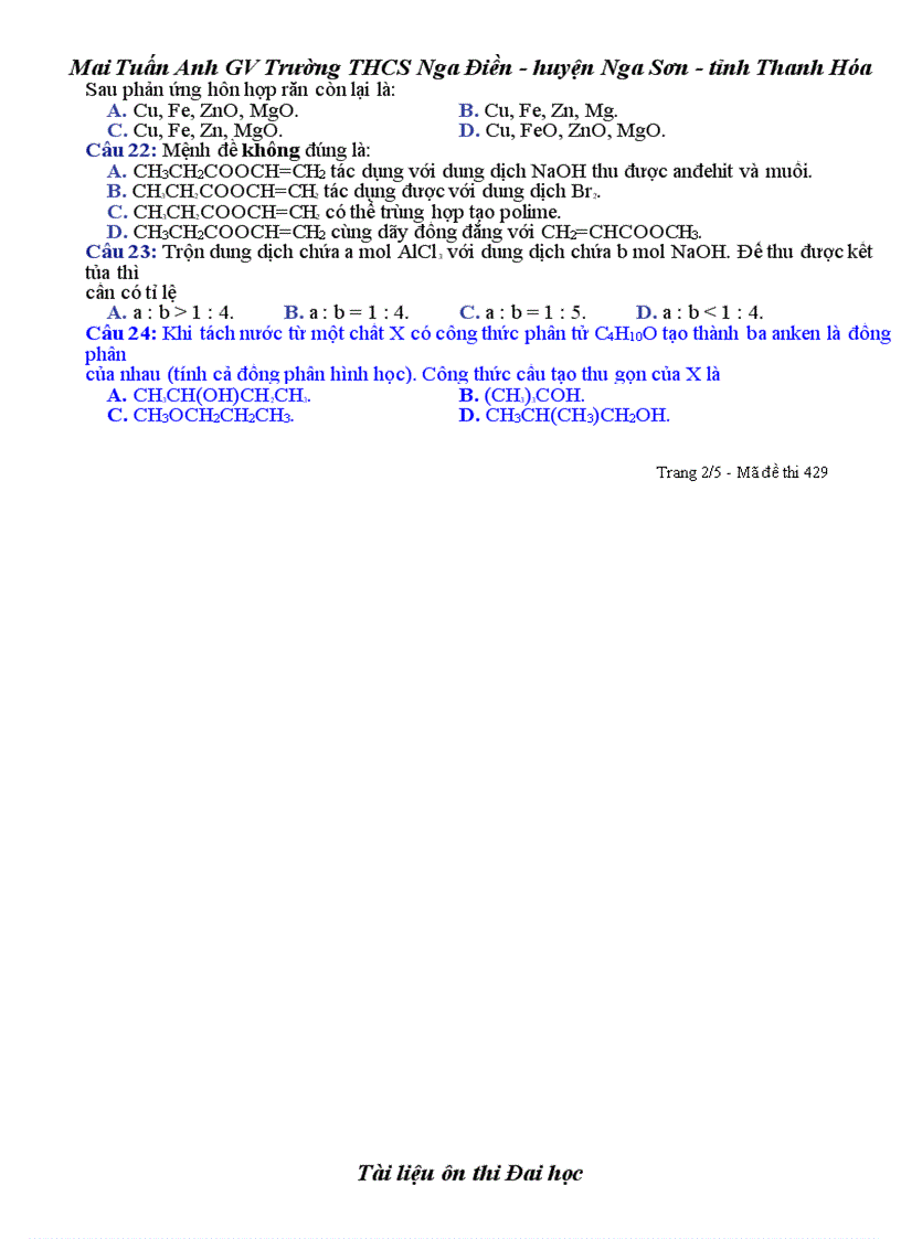 TT đề thi ĐH môn Hóa Hot Tuấn Anh Nga Điền